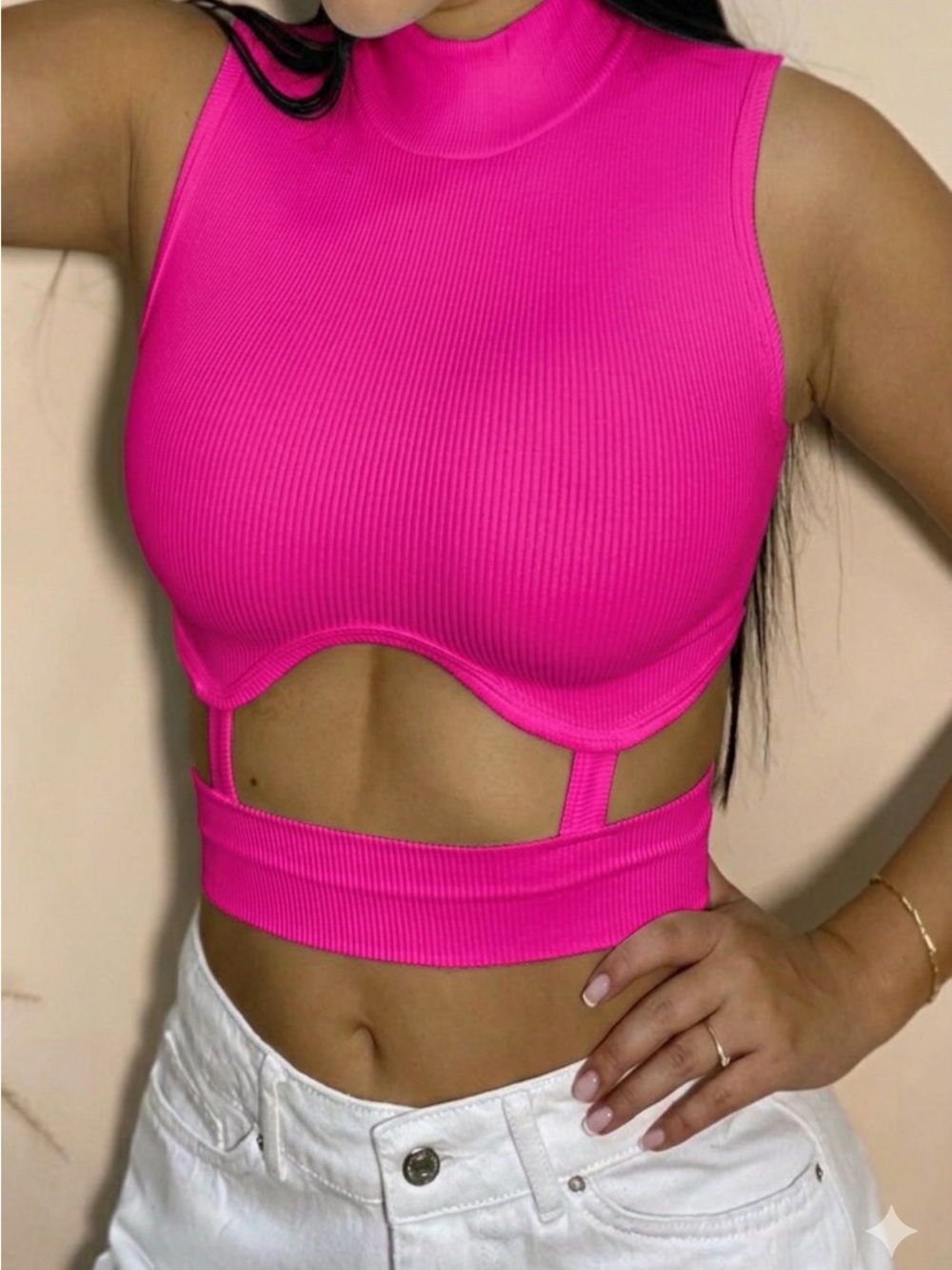Pink Stretchy Cutout Ribbed Sleeveless Crop Top. Hot Pink. New.